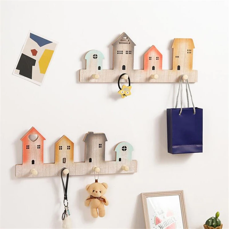

Creative Wooden Wall Hooks House Style Coat Key Hanger Home Decorative Home Wall Mounted Hanger Shelf Key Holder Hooks