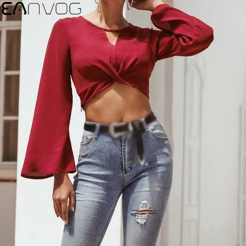 

2021 Spring Summer Women T-Shirt Ladies Red Flared Long Sleeves Sexy Short Top Round Neck T-Shirt Pullover Solid T Shirt Womens