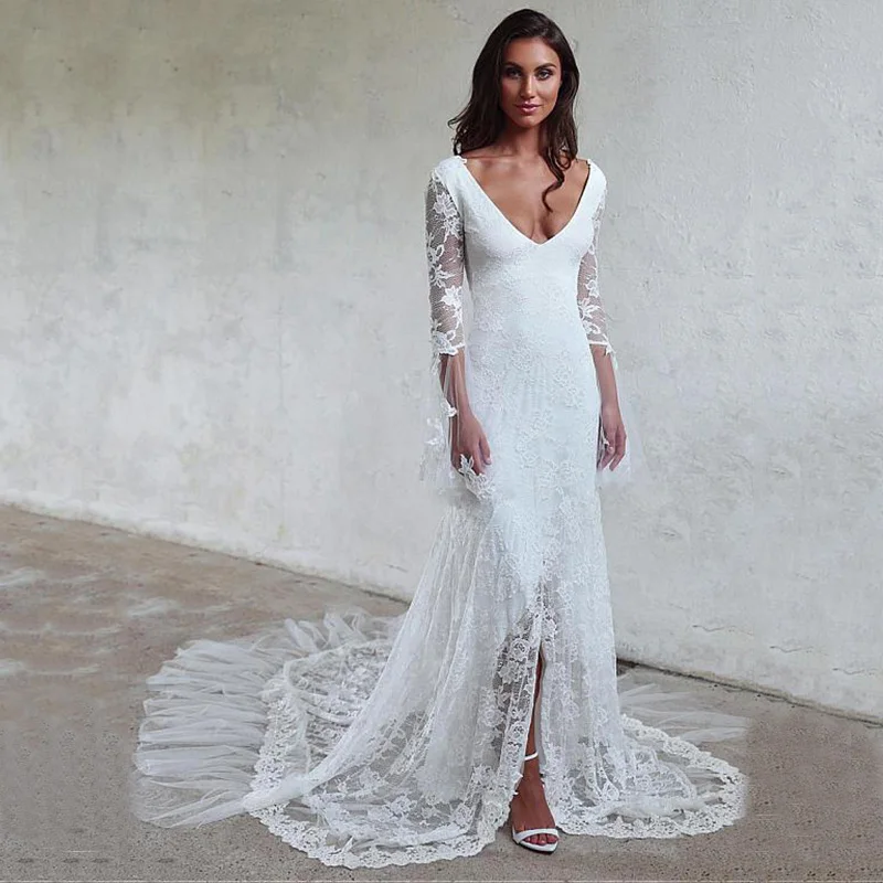 

Boho Beach White Lace Mermaid Wedding Dress 2020 Sexy V-neck Lace Appliques Vestidos De Novia Bridal Gowns Custom Made