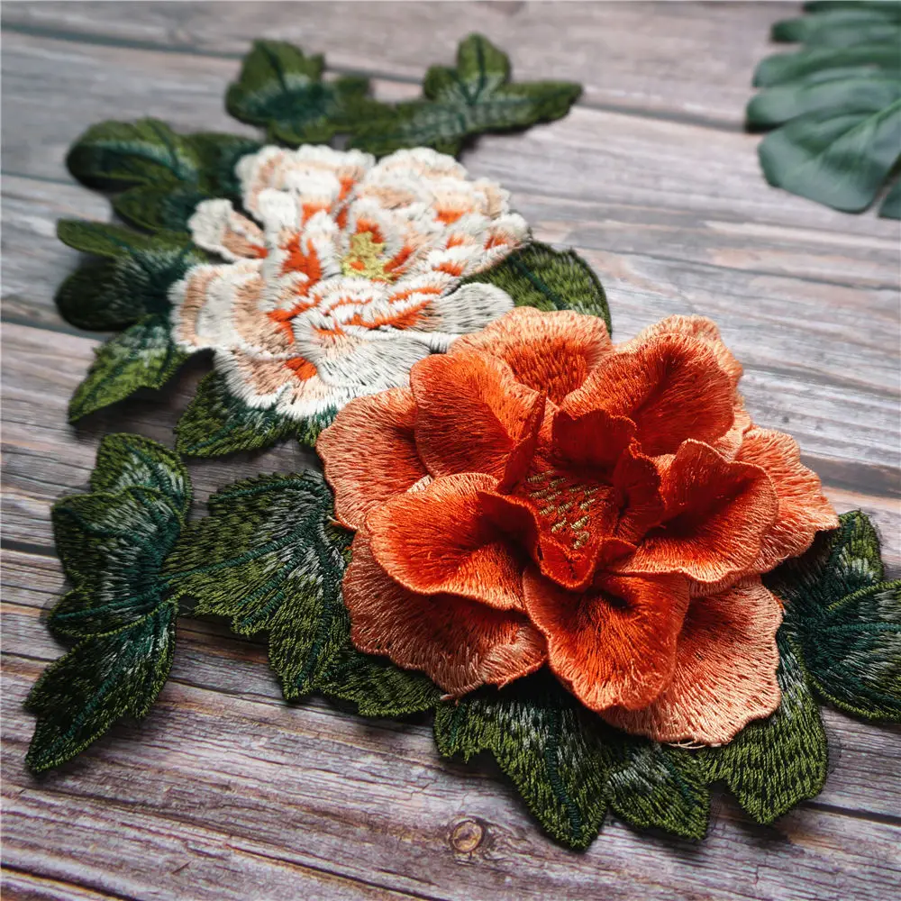 Оранжевый 3D Пион цветок лист кружева ткань многослойный воротник вышитое платье