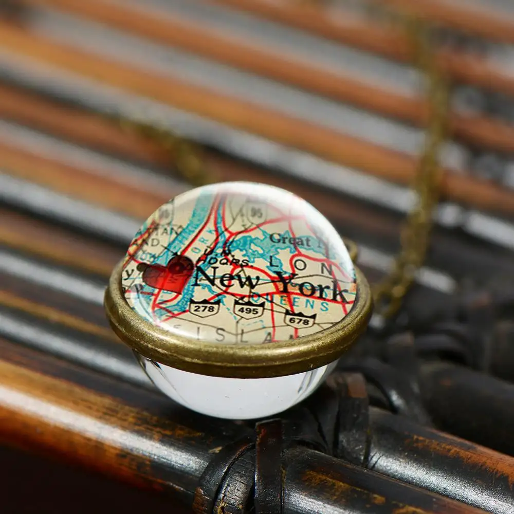 Ожерелье и подвеска с изображением синей земли карты Нью-Йорка стеклянный шар