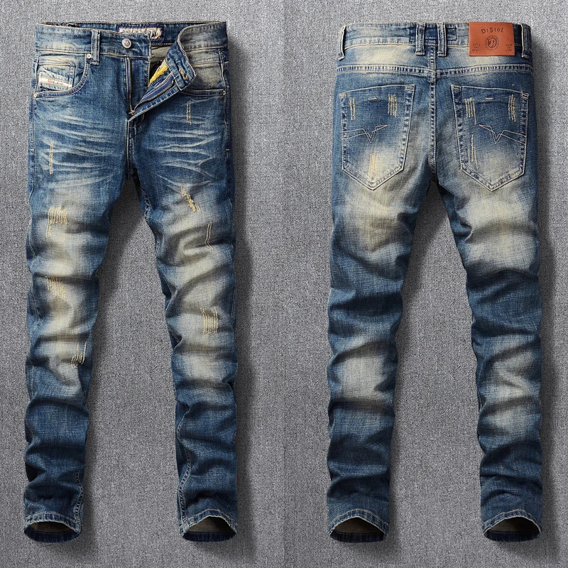 

Italian Vintage Fashion Men Jeans Retro Blue Washed Slim Fit Ripped Jeans Men High Quality Distressed Casual Cotton Denim Pants