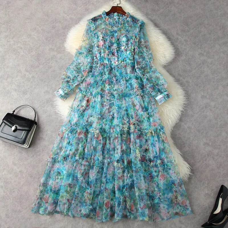 

Long Dress For Women's 2022 Spring New Beach Holiday Style Printed Edible Tree Fungus Round Neck Fairy Big Swing Mesh Dress