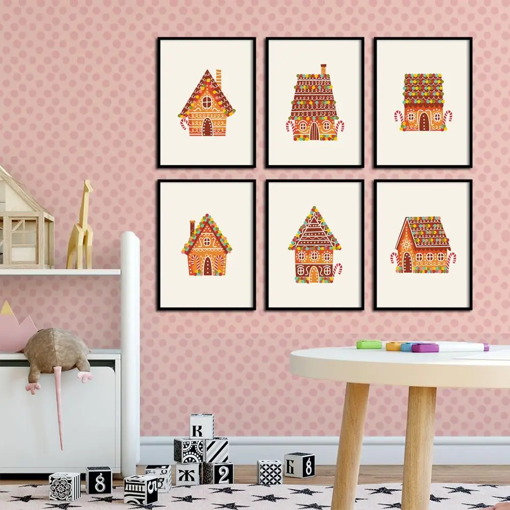 Мультяшный цветной пряничный домик на крышу настенная живопись холсте