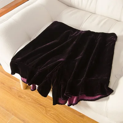 DARKPURPLE DK1716 Натуральный шелк бархат женские широкие шорты шелк тутового шелкопряда оборки осенние шорты M L XL - Цвет: DARKPURPLE DK1716