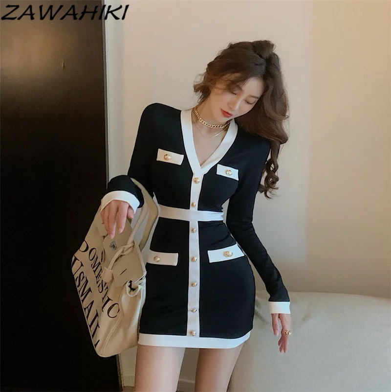 

ZAWAHIKI Autumn V Neck Long Sleeve Mini Dresses Temperament New Fashion French Slim High Waist Bag Hip Dress Women's Clothing