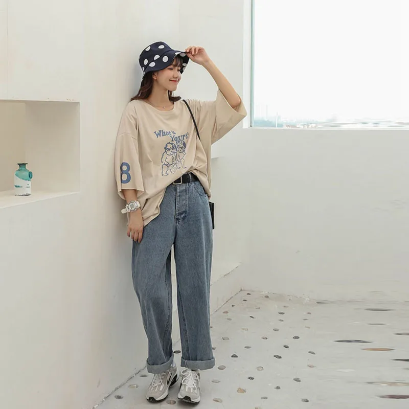 

Jeans Women Spring Loose Straight Ankle-length Students Korean-style Streetwear Denim Solid Womens All-match Fashion Casual