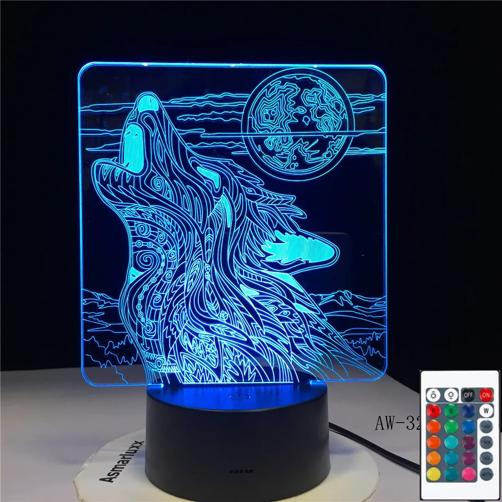 3D-3226 полнолуние ночь Howl Волк 3D светодиодный акриловый RGB Ночной светильник USB
