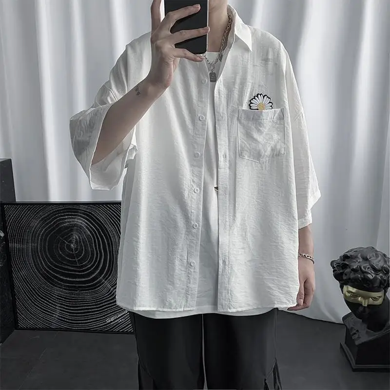 Men Shirts Summer Men's Little Daisy Printing Short Sleeve Shirts Male Shirt Top Plus Size Loose Fashion Shirt Blouses