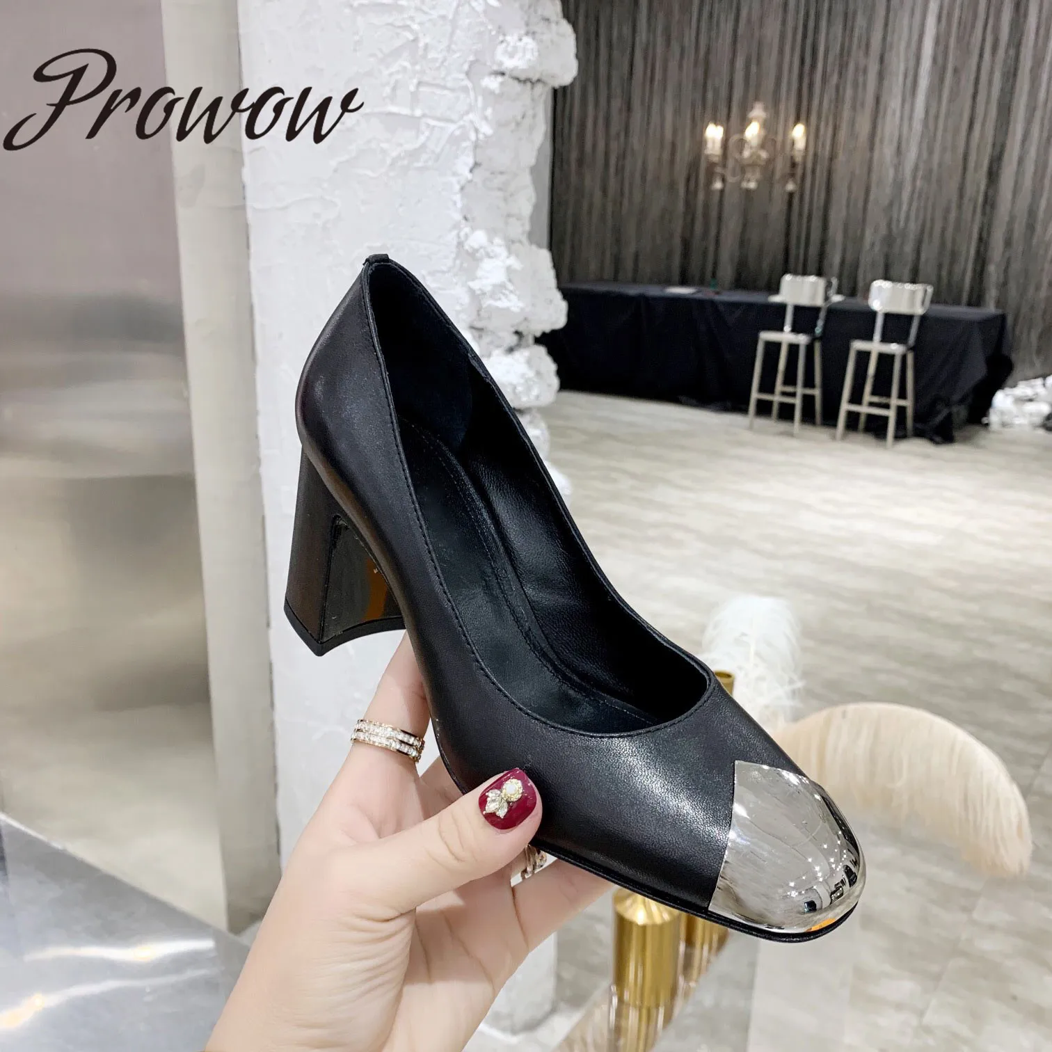 

Prowow New Genuine Leather Luxury Brand Pumps Comfortable Slip On Thick Heel HIgh Heels Shoes Women