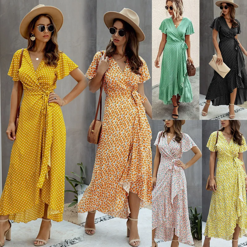 

Women Summer Maxi Dress Polka Dot Sexy Deep V Ruffles Short Sleeve Holiday Long Beach Sundress Ladies Lace Up Wrap Party Dresses