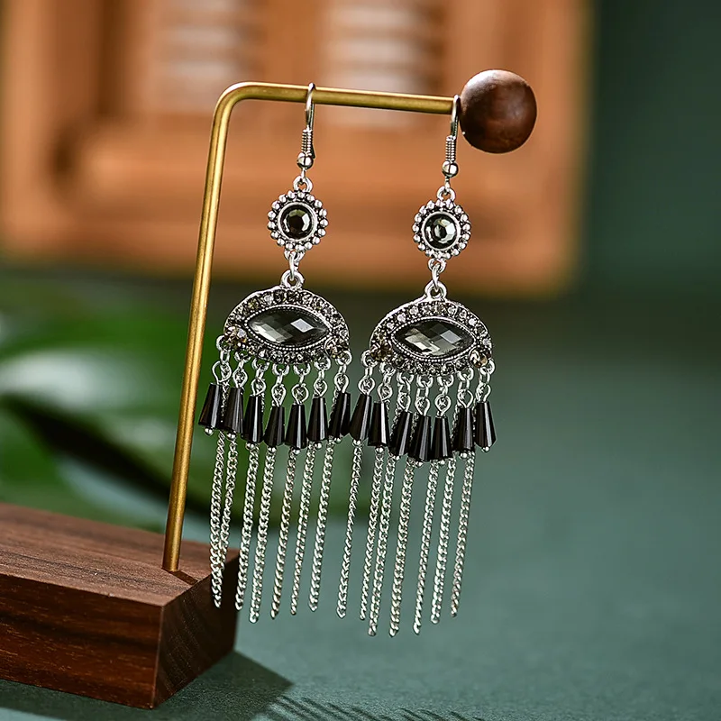 

Vintage Women's Silver Color Long Tassel Crystal Jhumka Earrings Indian Jewelry Blue Evil Eye Geometric Earring Bohemia Jewelry