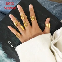 50pcs chunky wide hollow a z letter gold color opening ring initials name alphabet female party fashion jewelry gifts for women