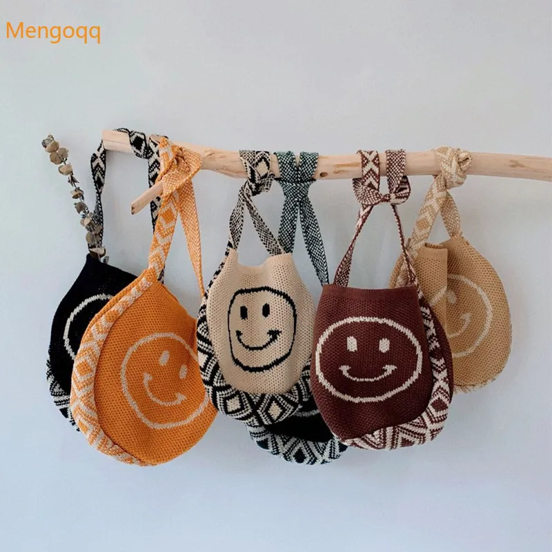 

Smile face knitted bag cute children bag western style messenger bag woolen decoration petty kid baby bag boys girls shoulder
