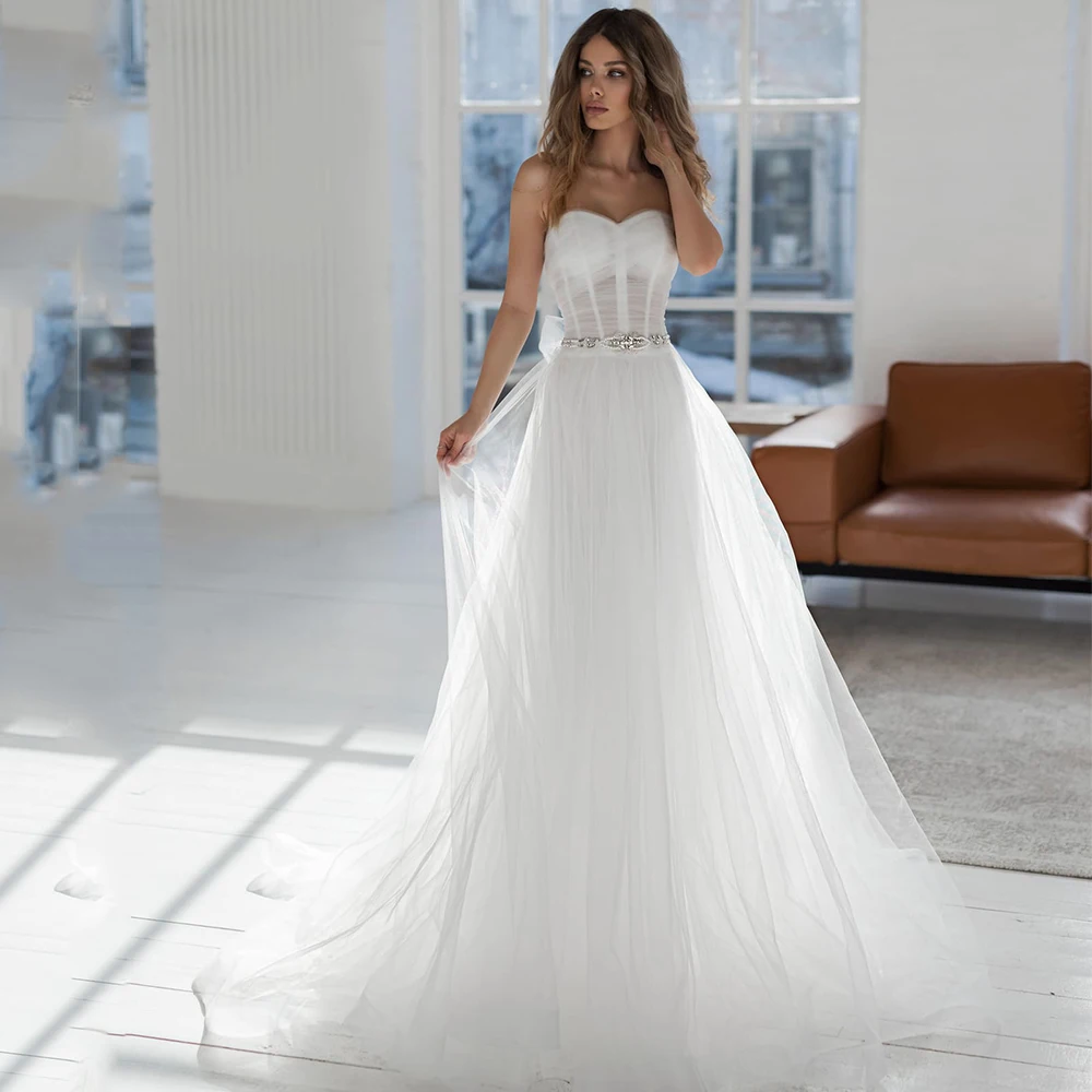 

Charming Sleeveless Wedding Dresses Sexy A Line Sweetheart Puff Tulle Romantic Crystal Bridal Gowns 2021 Vestido De Noiva