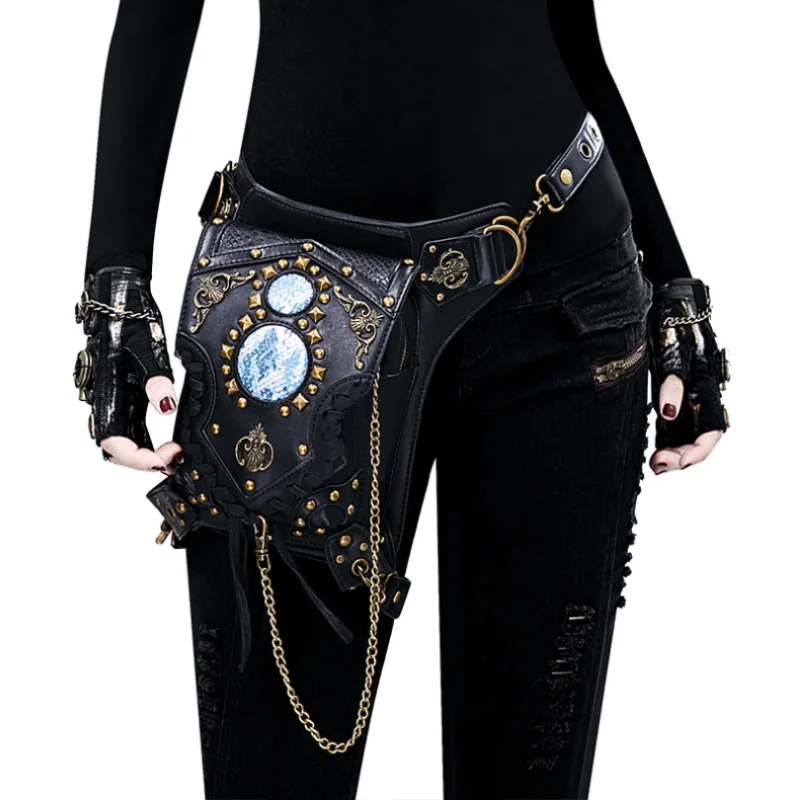 

Men/ Women Gothic Rivet Black PU Leather Steampunk Utility Shoulder Bag Retro Punk Thigh Holster Waist Bags Corsets Accessories