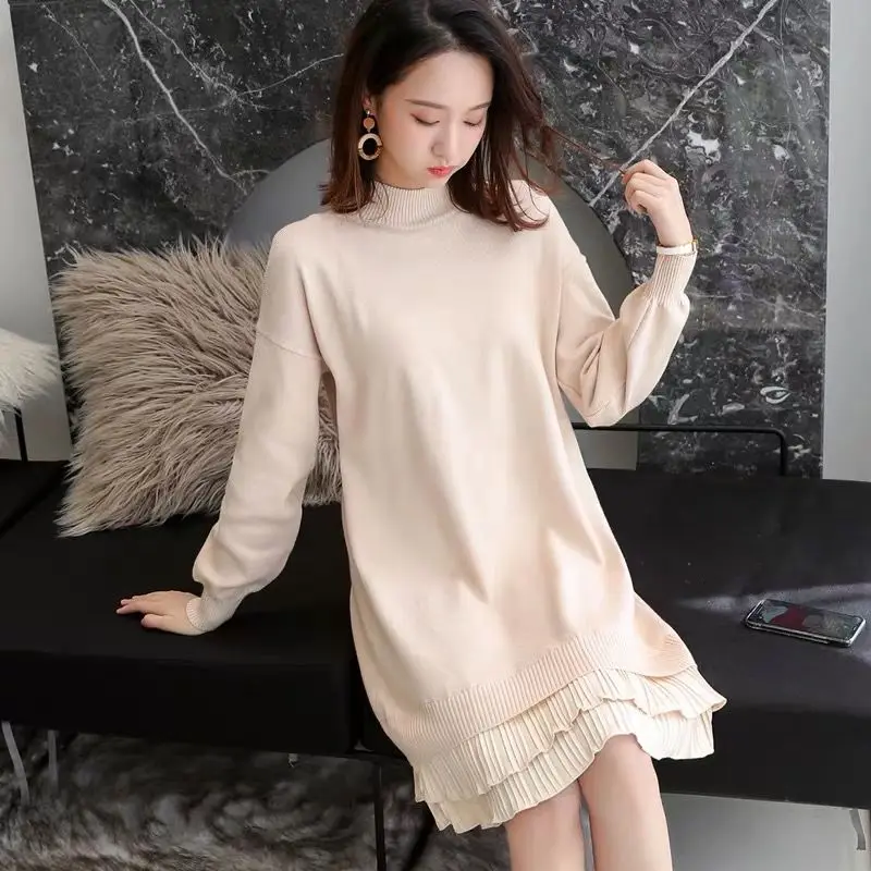 Плиссированное шифоновое женское трикотажное платье свитер с подолом Модный