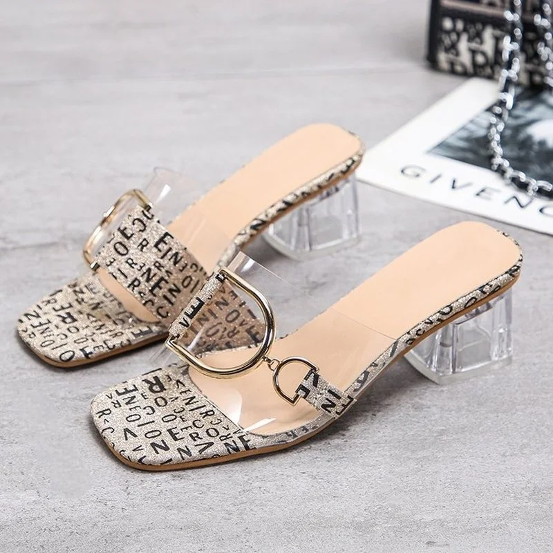

2021 Zapatos Princesa Transparent High-heeled Slippers Women's Summer Thick with A Word Outside Wear Sandals Tide Sandals hot