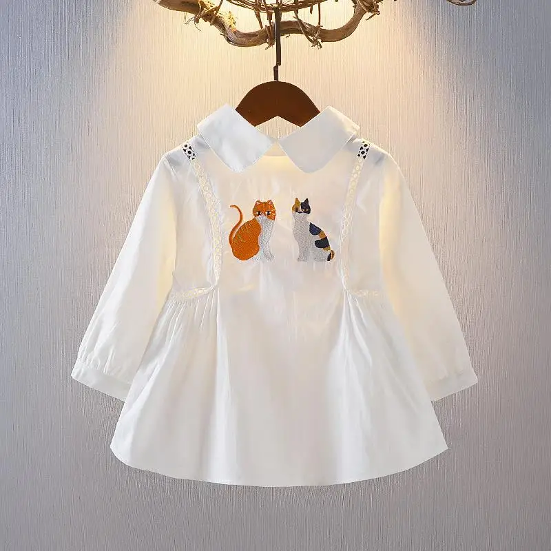 

Spring 100% Cotton Cartoon Printed White Blouse Summer Striped Shirt Korean Baby Long Sleeve Tops Shirts School Girls Blouses