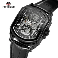 top brand luxury hollow out automatic mechanical men square wrist watch genuine leather band gear movement design men gift