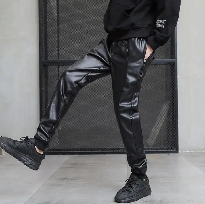pantalones de cuero hombre faux leather pants mens feet pants motorcycle Loose harem trousers for men personality black spring