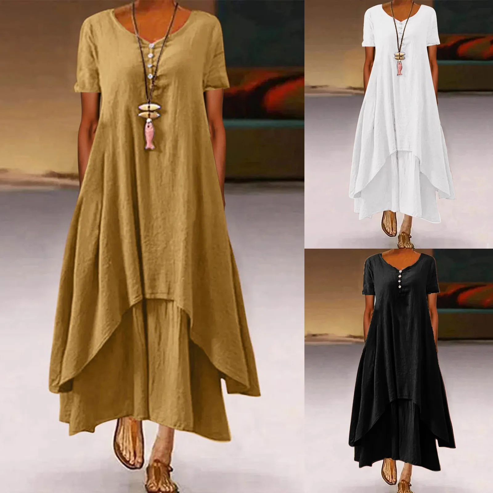 

40# Vintage Button Maxi Dress Plus Size Solid Color Loose Summer Dress 2021 V Neck Short Sleeve Dress Irregular Swing Robe Femme