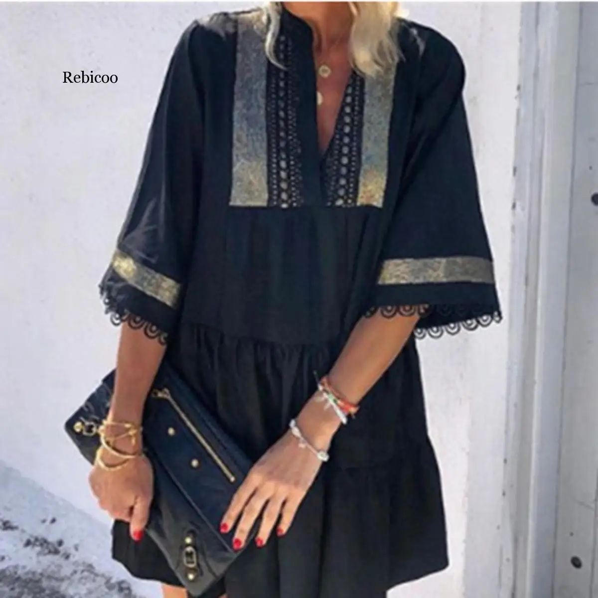 Свободное повседневное пляжное платье женское короткое летнее с рукавом до