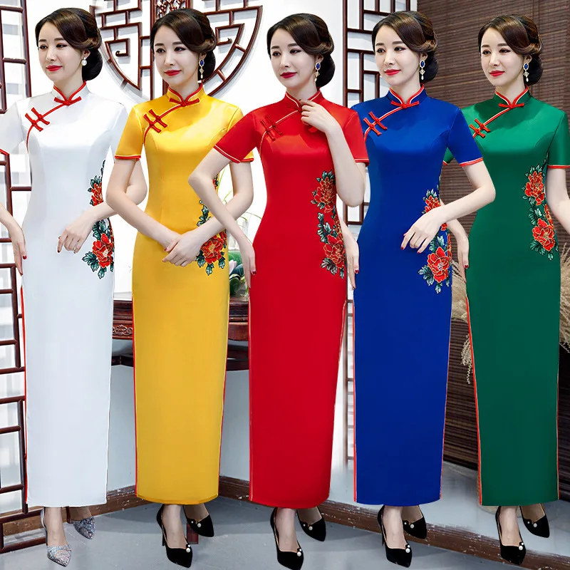 

Fashion Dress Long Cheongsam Oriental Womens Wedding Short Sleeve Party Qipao Chinese Style Elegant Robe Clothes Vestido