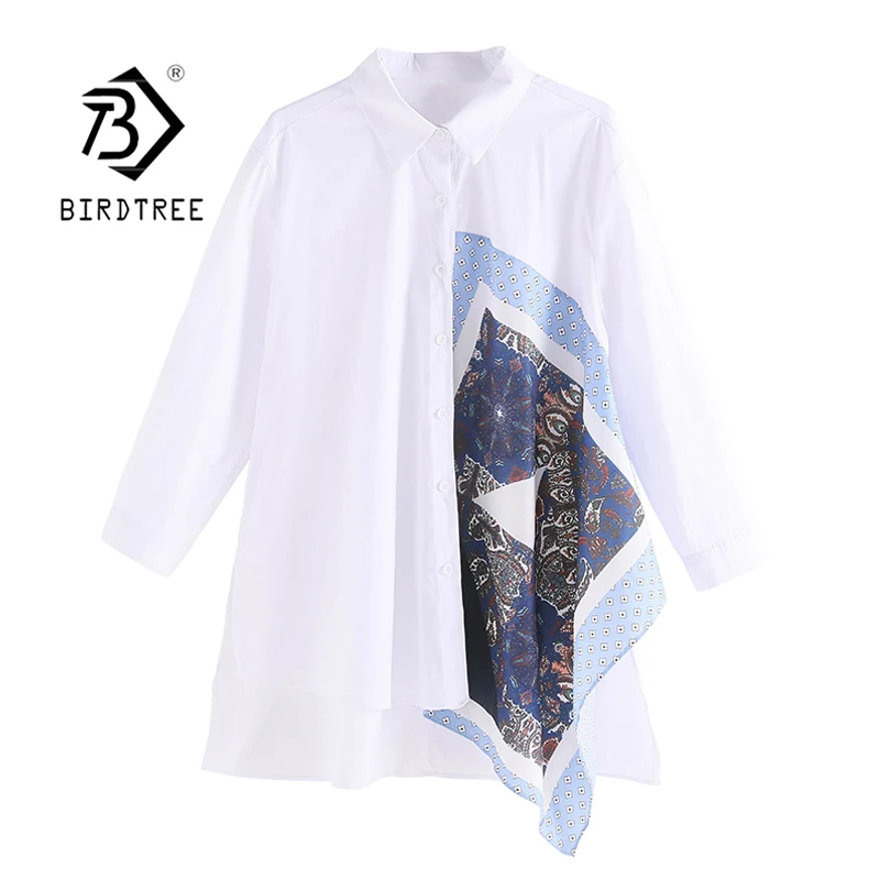 

Oversized Cotton White Shirts Medium Long Loose Casual Patchwork Floral Printing Long Sleeves Blouses Tops Spring T12201X