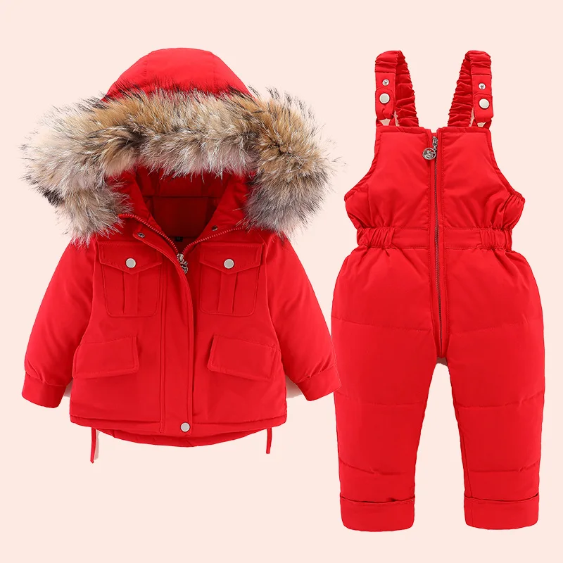 

-30 Degree Russia Winter Children's Girls Clothes Sets Raccoon Fur Baby Down Coat+ Jumpsuit Kids Duck Down SnowSuit TZ328