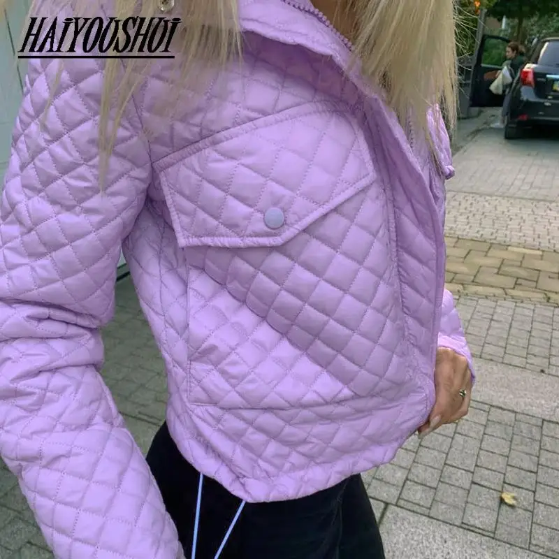 Parkas Women Zipper Fashion Simple Argyle Women Elegant Turn Down Collar Solid Cotton Jackets Female Ladies