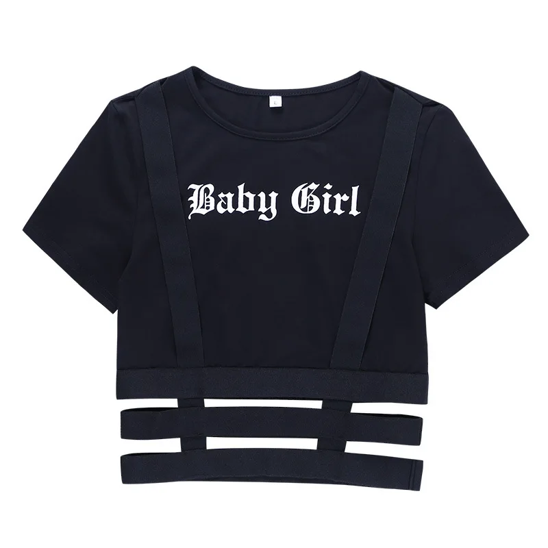 

Streetwear Punk Hollow Out Black Letter T Shirt Harajuku Goth Letter Print Bodycon Short Sleeve Top Women Sexy Basic Tops