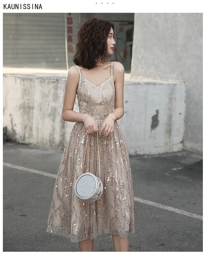 

Women Sexy Sequins Cocktail Dress Solid V-Neck Sleeveless Strap Knee-Length Champagne Party Gown Sequined Homecoming Dresses
