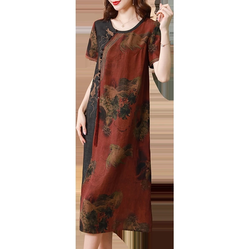 

High End Fragrant Cloud Gauze Silk Dress Embroidery Short Sleeve Natural Mulberry Silk Loose Size Mother's Dress