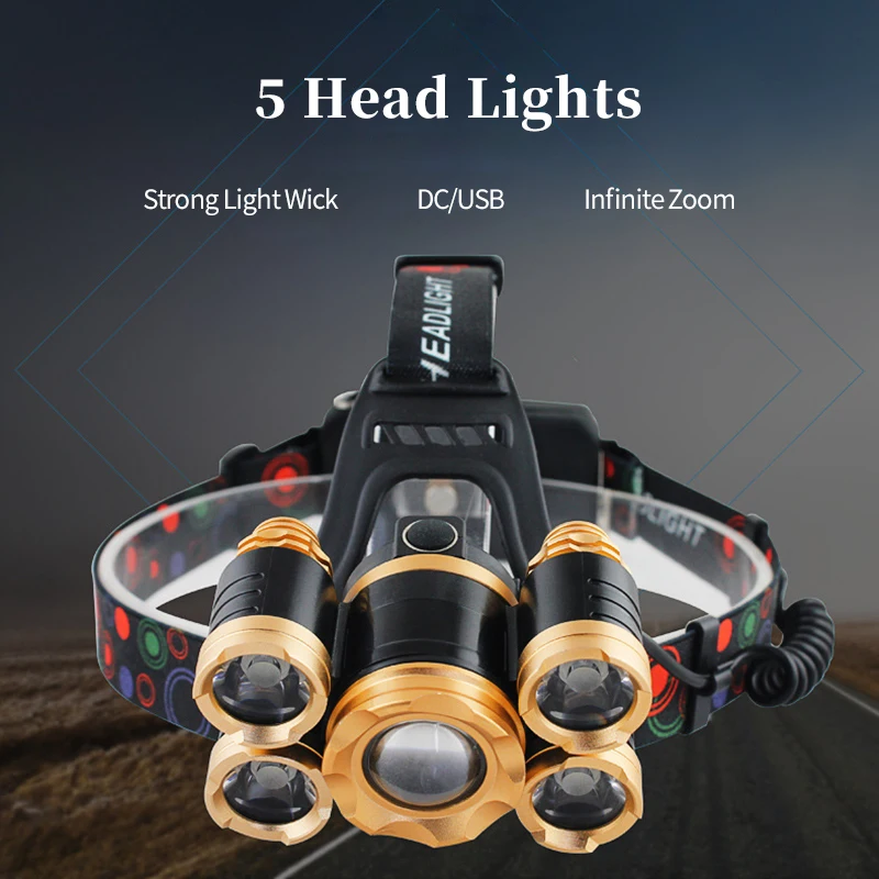 

Rechargeable Headlamp 5LED Super Bright Portable Powerful LED Headlamp Sensor Flashlight Torch Head Light Camping Fishing Cyclin