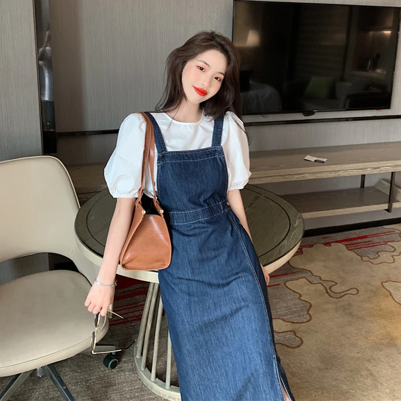 

GUUZYUVIZ Vintage Split Denim Dresses For Women Casual Slim Strap Long Dress Women Summer Korean Fashion Harajuk Women Dress