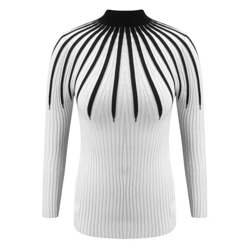 

Women Chic Fashion Patchwork Tee Long Sleeve Striped Turtleneck Waist Bodycon Top Female New Hot Clothing