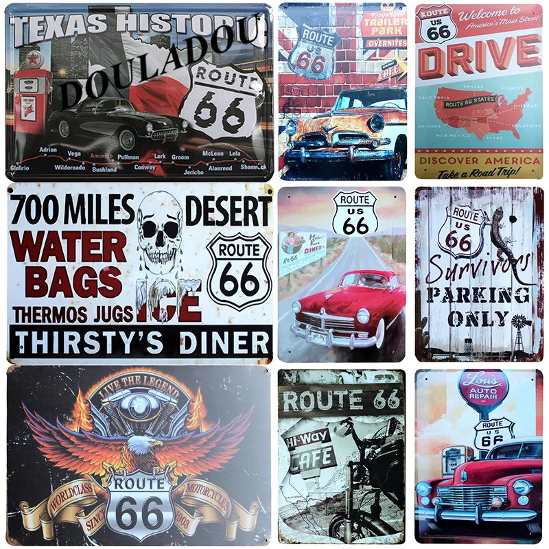 

[Douladou]USA Route66 Painting Pub Cafe Store Hotel Decor Wall Signs Vintage Style Poster Parking Retro Style Signs 20x30CM