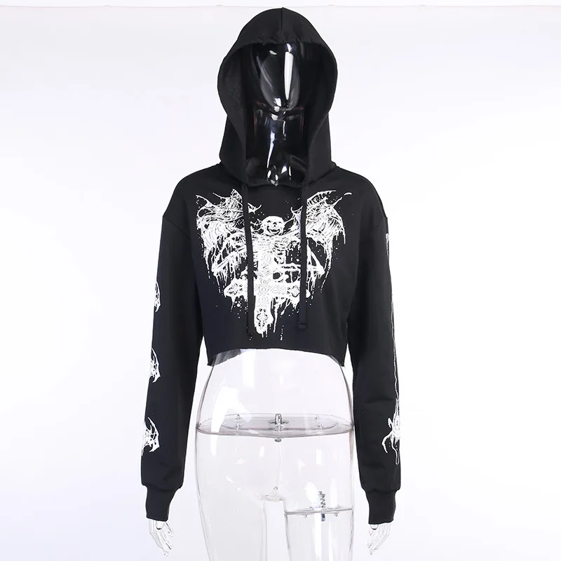 

KALENMOS Printed Hooded Sweatshirt Women Mesh Patchwork Skull Motorcycle Punk Hoodies Loose Streetwear Top Cosplay 2021 Clothing