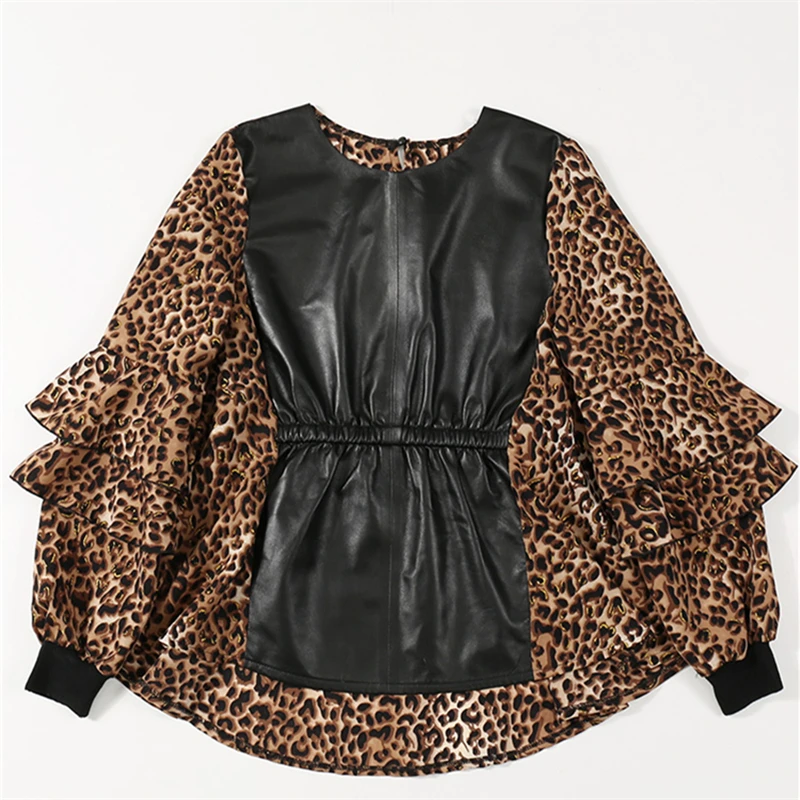 Женская леопардовая рубашка из натуральной кожи с круглым вырезом весна