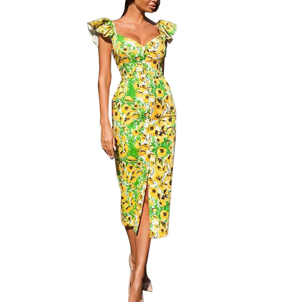 Сексуальное женское платье с v-образным вырезом винтажное цветочным принтом