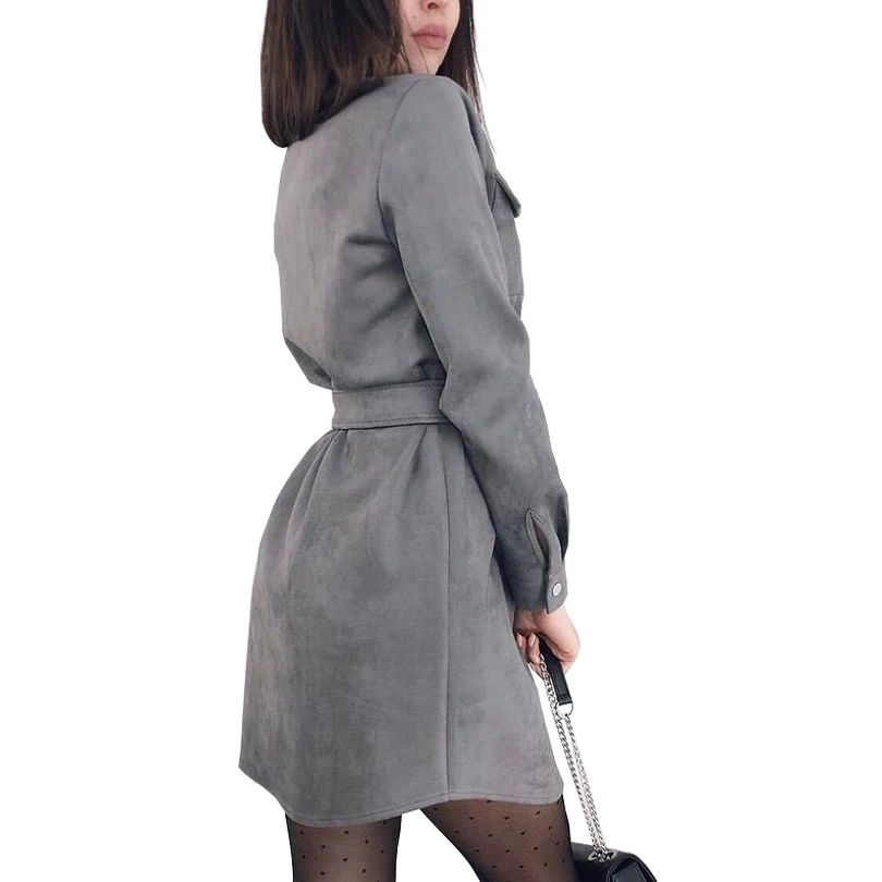 

Autumn Women's Dresses Solid Color Single Breasted Turn Down Collar Long Sleeve Suede Women Dress With Belt