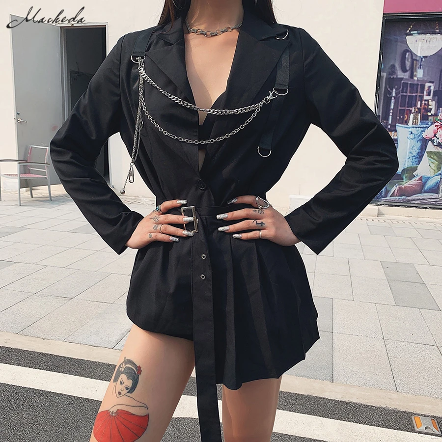 

macheda Gothic style chain shirt 2019 Long sleeve suit style personality casual coat Casual street style shirt