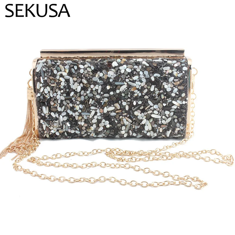 

Tassel Golden Evening Bags Stones Metal Clutch Purse Chain Shoulder Handbags Party Cocktail Wallets