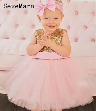 Glitter pink ball gown tutu princess baby 1 year Birthday party dresses bling Golden sequins keyhole back bow flower girl dress | Детская