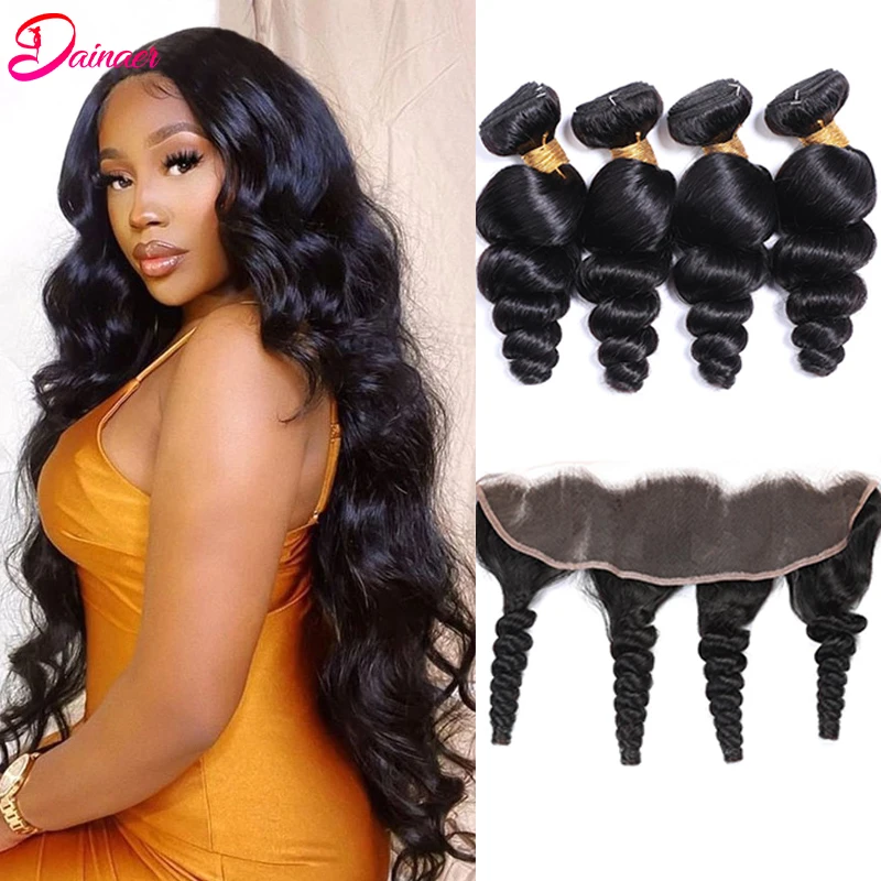 Loose Wave Bundles With Frontal Remy Human Hair 3 Bundles With Lace Frontal Closure Brazilian Hair Weave Bundles With Closure