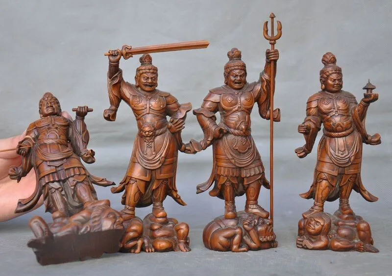 

wedding decoration Chinese Boxwood wood Carving Four Great Heavenly Kings Immortals God statue set