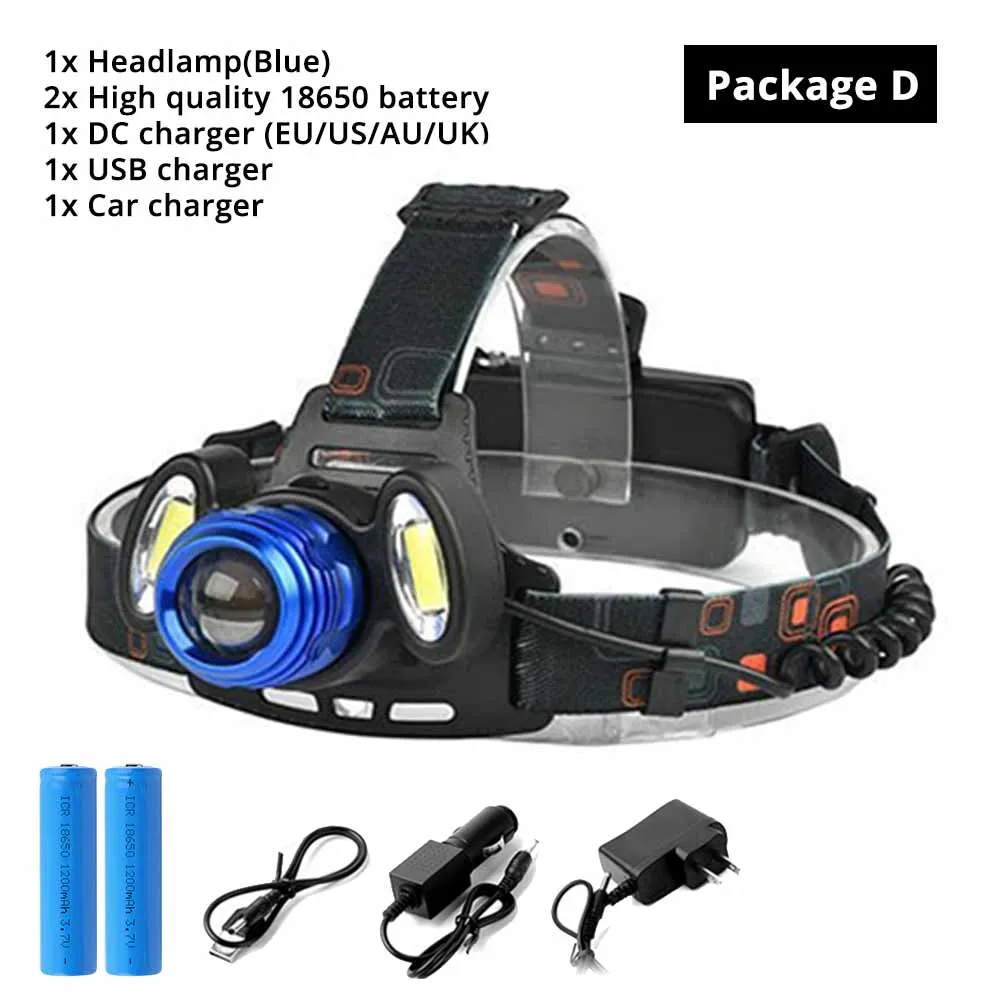 PackageD(blue) Супер яркий светодиодный налобный фонарь T6+ COB светодиодный налобный фонарь 4 режима освещения масштабируемый для рыбалки, ночной езды, кемпинга, приключений и т. д - Испускаемый цвет: PackageD(blue)