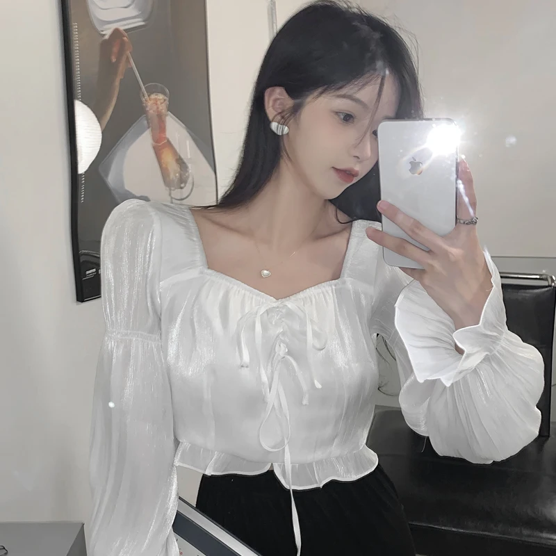 

Fashion White Women Tops Japan Style Sweet Female Clothing Chiffon Shirts Early Autumn Crop Top Elegant Blouses Fall New