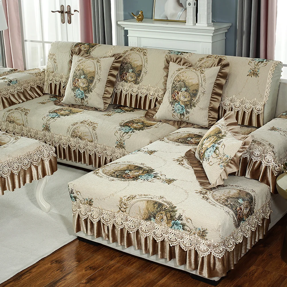 

European Luxury Chenille Sofa Cover Brown Non-slip Sofa Towel Cushion Pillow Case Exquisite Jacquard Lace Combination Sofa Set 2